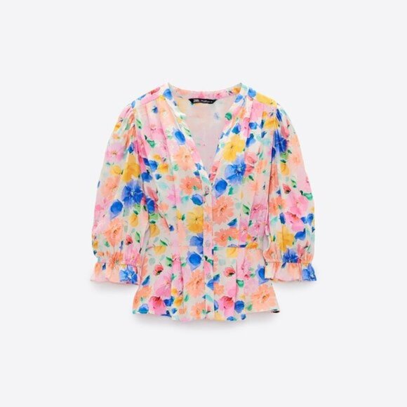 NWT Zara multicoloured floral print blouse with jeweled buttons, XS - Picture 3 of 10